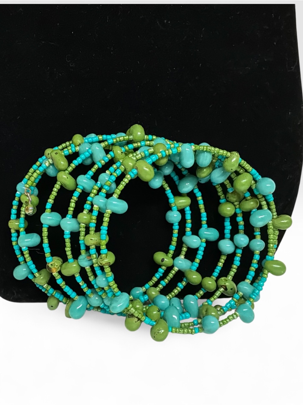 Turquoise Blue & Olive Green Multi Strand Memory Wire Beaded Bracelet